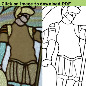 Picture of a stain glass soldier in the lobby with a drawing